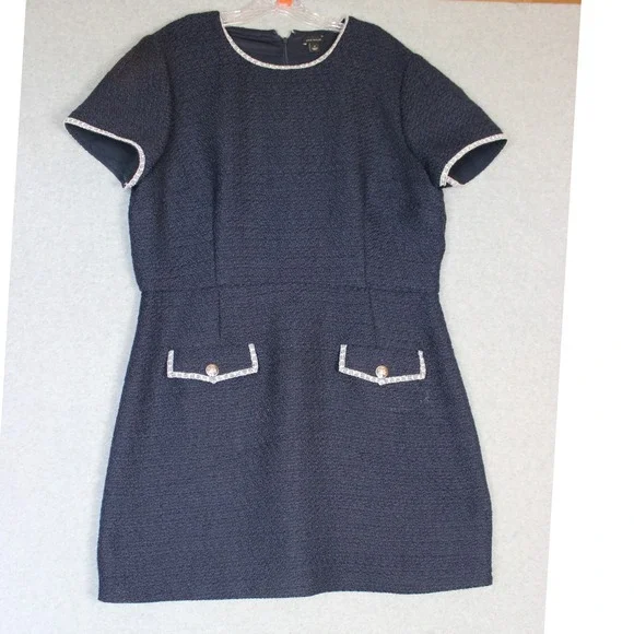 Ann Taylor Navy Tweed Flare Pocket Dress Short Sleeve Night Sky Blue Size  16